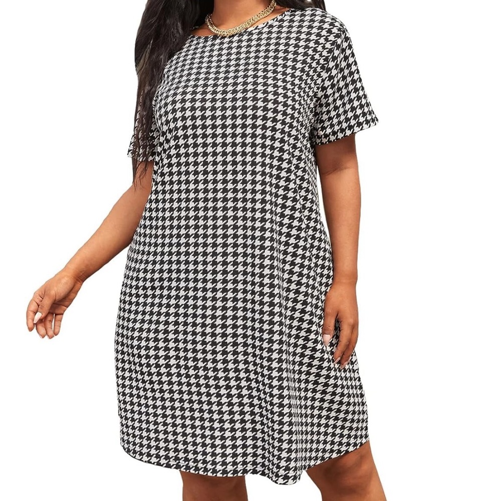Houndstooth Print Round Neck Short Sleeve Casual Dress